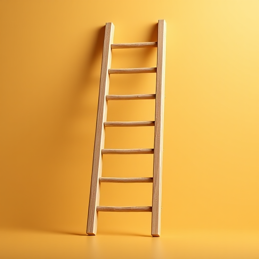 Create a highly detailed 3D rendering of a wooden ladder positioned at an angle with a soft focus background, using a DSLR camera with a 50mm lens, aperture f/2.8, ISO 100, and a shallow depth of field for enhanced clarity and brightness.