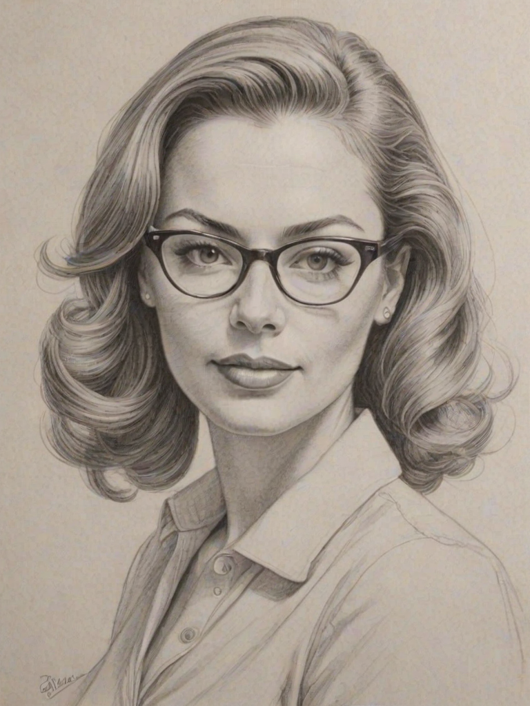 Comely Cindy Margolis, pencil sketch, portrait of Splendid woman 1953s in glasses, hair style beatnik, outline, clear lines, fine lines, 8k