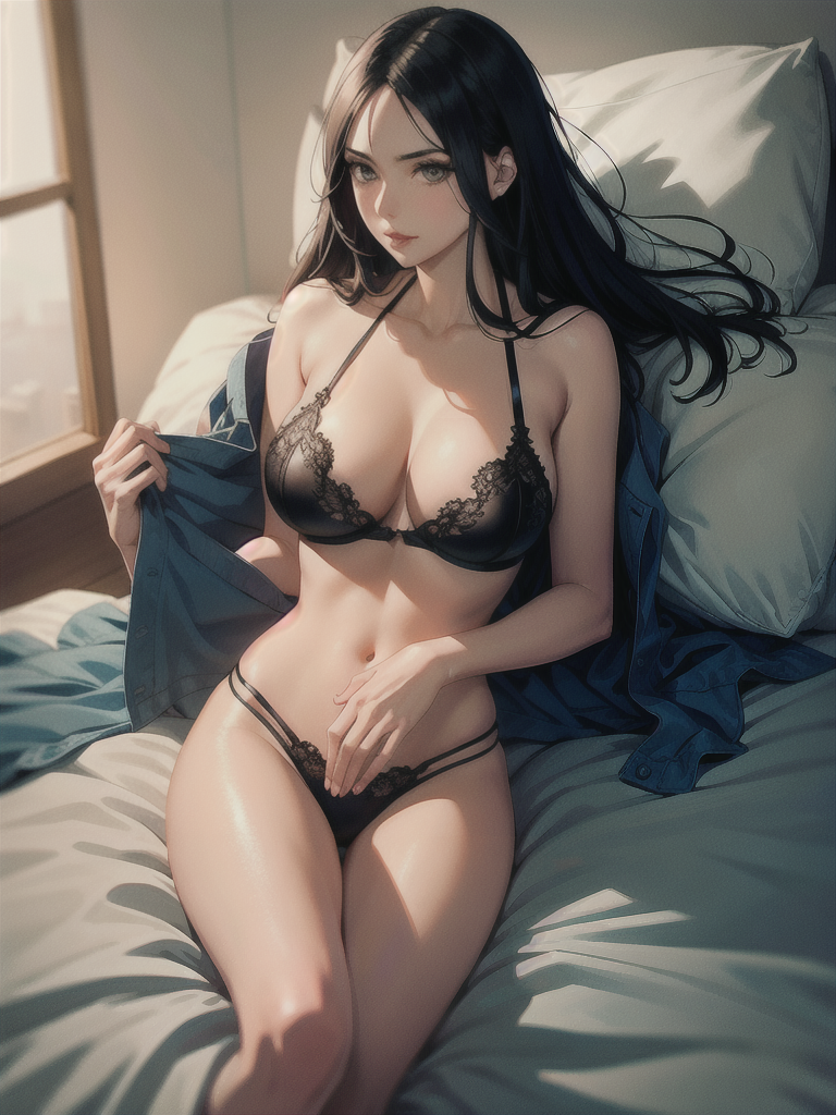 one piece anime nico robin taking off her bra laying on bed face down legs spread