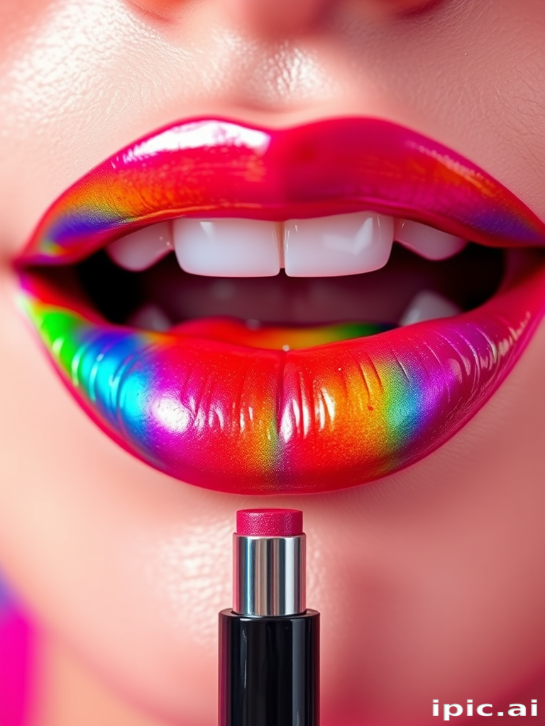 Whimsical "Rainbow Prism" lip stain creates a multihued effect on precisely lined lips, featuring a unique formula that shifts colors as light reflects off the surface