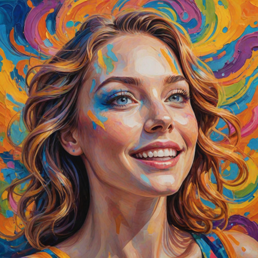 Generate a psychedelic portrait of a woman's happy face with brushstrokes of a woman smiling and looking up at the sky, emphasizing bright and bold colors. The dominant color should be deep blue, with swirling patterns of yellow, green, pink, purple and orange. open blue eyes with long eyelashes, apply an orange-yellow eyeshadow for a mesmerizing effect.