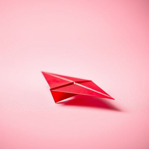 Generate a high-quality image of a red paper airplane on a soft pink background with soft lighting, using a DSLR camera at f/2.8 aperture, 1/250 shutter speed, and ISO 100, in a close-up view with a shallow depth of field to enhance the subject.