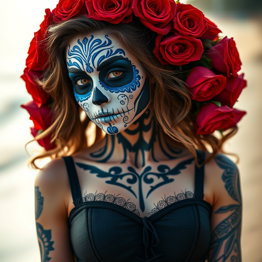 Create a high-resolution portrait of a woman with intricate Dia de los Muertos makeup featuring blue and white designs, surrounded by red roses in her hair, wearing a corset dress with tattooed arms, shot with a Canon EOS R5, 85mm lens, f/1.4 aperture, natural lighting, shallow depth of field, and a soft-focus background by the beach.