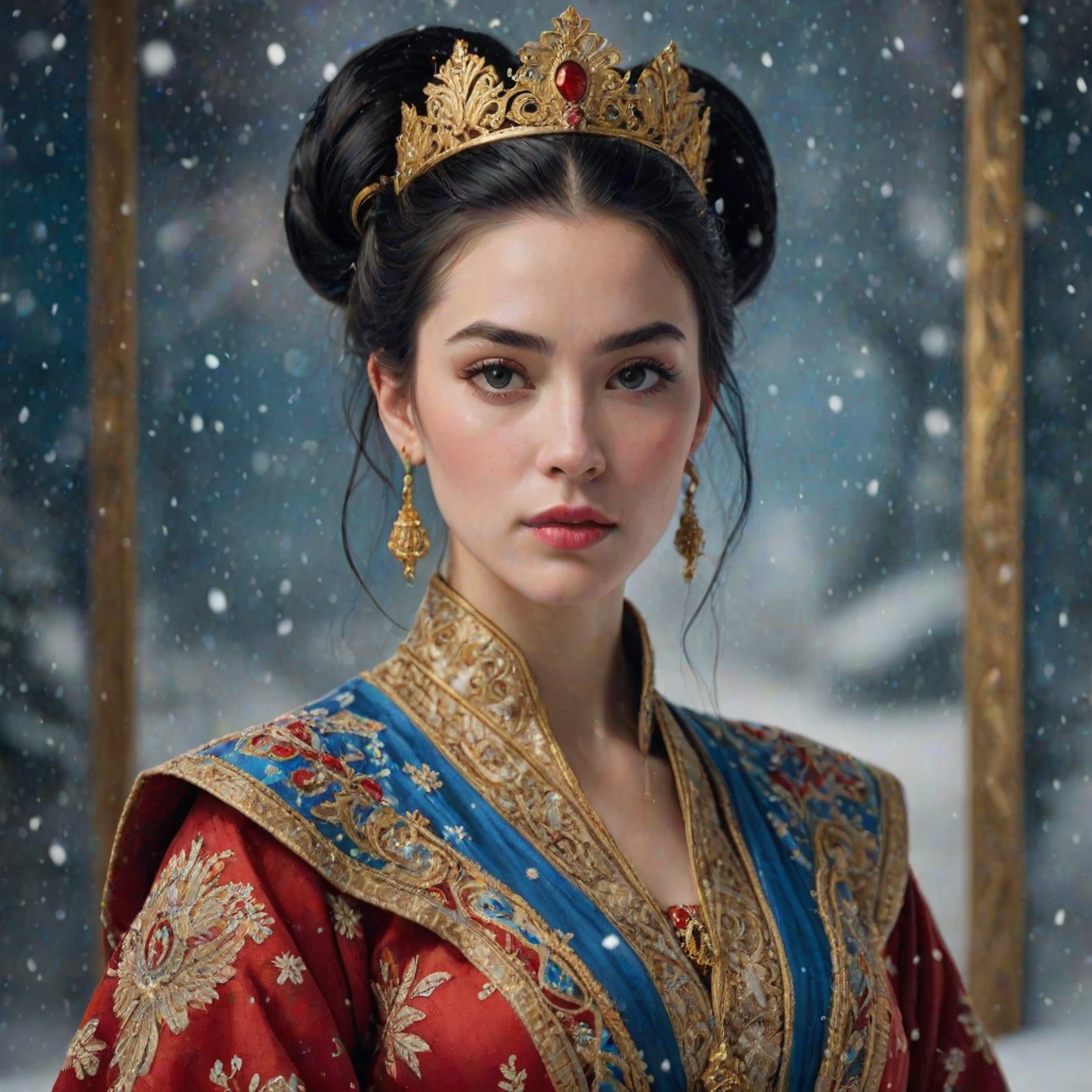 A young woman with long black hair styled in a high bun, adorned with a gold crown and intricate hair ornaments, stares intently at the viewer. She wears a vibrant red and gold embroidered robe with blue accents, a gold belt with a large ornate buckle, and a blue and gold shoulder piece. The woman is positioned in the center of the frame, with the background blurred and filled with falling snow. The image has a soft, ethereal feel with a focus on the woman's face and attire, creating a portrait-like composition. The colors are rich and saturated, with the red, gold, and blue of the clothing standing out against the muted blue and white of the snowy backdrop. The lighting is soft and diffused, casting a warm glow on the woman's face.  The overall mood is elegant and mysterious.  The details of the woman's attire, especially the intricate embroidery and embellishments, add a sense of opulence and grandeur.  The falling snow further enhances the sense of winter magic and wonder.