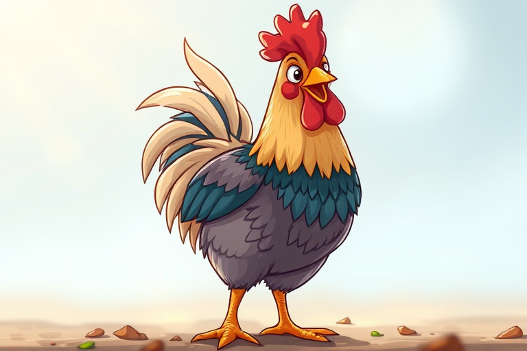 Create a vibrant illustration of a cartoon chicken standing proudly, with detailed feather textures and bright colors, using a high-resolution digital art style, shot from a low angle perspective to emphasize its features, with a soft focus background to enhance the chicken's prominence, simulating a DSLR camera with an aperture of f/2.8 for depth of field.