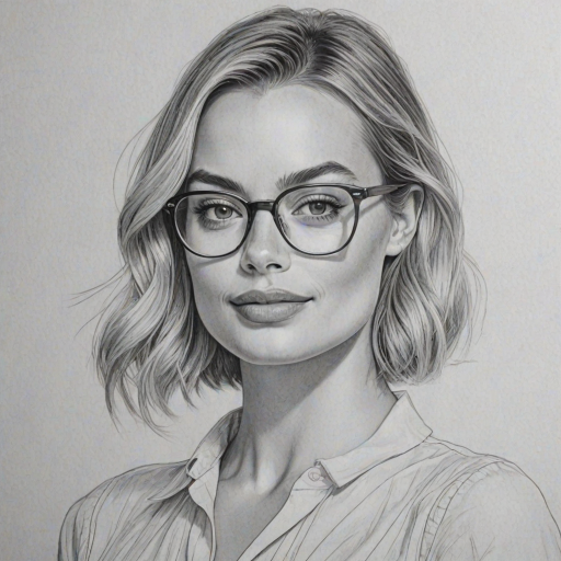 Beautiful Margot Robbie, pencil sketch, portrait of beautiful woman 60s in glasses, hair style beatnik, outline, clear lines, fine lines, 8k