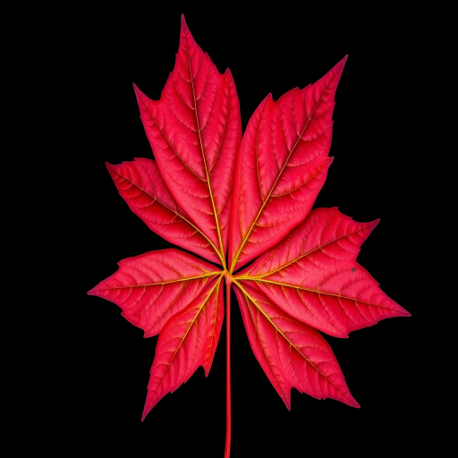 Regenerate a vibrant red maple leaf on a black background, using a DSLR camera with a macro lens at f/2.8 for shallow depth of field, 1/200 sec shutter speed, and ISO 100 for high detail and clarity, shot from a top-down view to highlight texture.