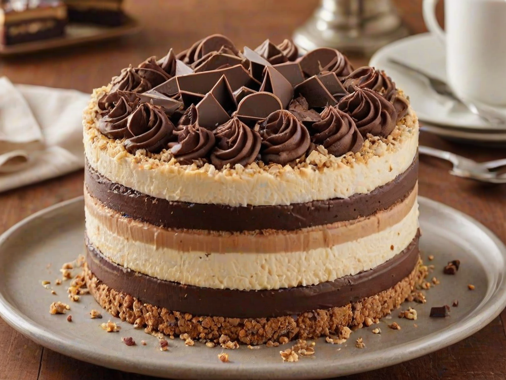 Generate an image of a decadent dessert featuring layers of chocolate cheesecake and vanilla cheesecake. The cake is topped with crushed cookies, chocolate ganache, and decorative chocolate frosting. Include chocolate sandwich cookies and crumbled cookie pieces as garnishes.
