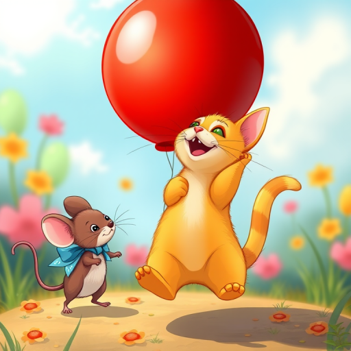 Create a colorful illustration of a playful yellow cat jumping towards a bright red balloon, accompanied by a cute brown mouse with a blue bow, high-resolution digital art style, 50mm lens, f/2.8 aperture, ISO 100, vibrant colors with a soft focus background.
