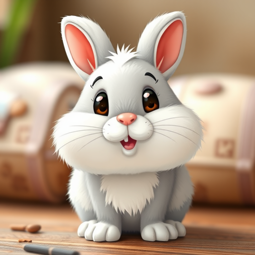 Create a high-resolution illustration of a cute, cartoon-style bunny with a fluffy texture and friendly expression, using a DSLR camera with a 50mm lens, aperture f/2.8, ISO 100, and natural soft lighting for enhanced detail and vibrant colors.