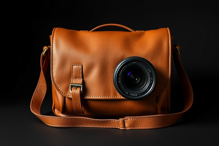 photograph a tan leather messenger bag on a black background, use a DSLR camera with a 50mm lens, aperture set to f/2.8, shutter speed 1/125s, ISO 100, in natural lighting for enhanced texture and detail