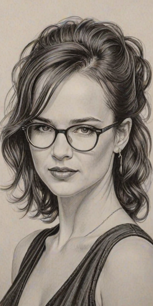 Delightful Juliette Lewis, pencil sketch, portrait of Bewitching woman 1932s in glasses, hair style beatnik, outline, clear lines, fine lines, 8k