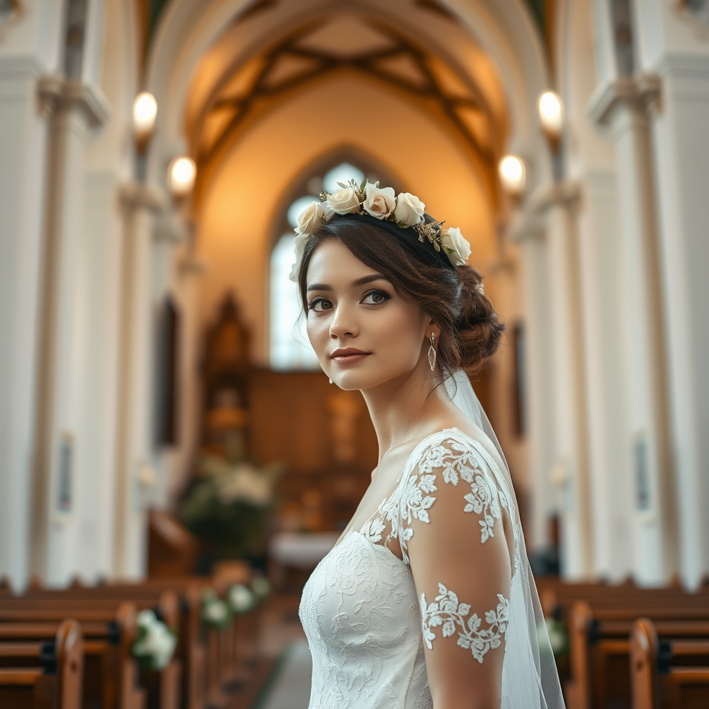 church scene, bridal model, delicate lace gown, floral headpiece, soft romantic focus, high-key lighting and an 85mm lens for soft, even tones that highlight the model’s face and bright outfit against a white or light background