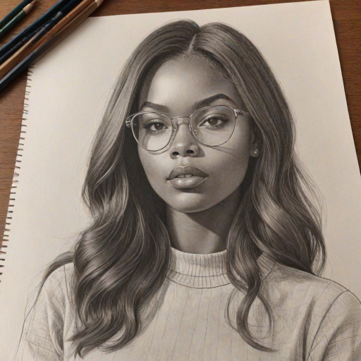 Fascinating Ryan Destiny, pencil sketch, portrait of Radiant woman 1969s in glasses, hair style beatnik, outline, clear lines, fine lines, 8k