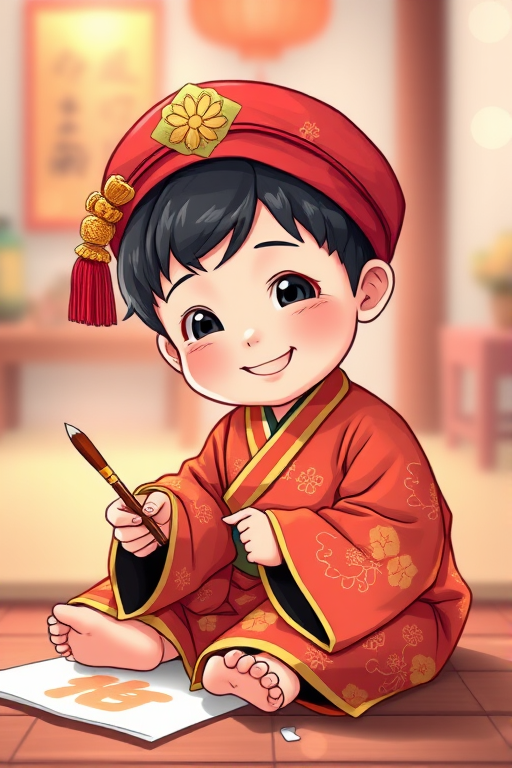 Create a vibrant illustration of a cheerful child in traditional Asian attire, sitting on the floor while painting with a brush on rice paper, include soft bokeh background, use a 50mm lens, f/2.8 aperture, ISO 100, 1/200s shutter speed, digital art style.