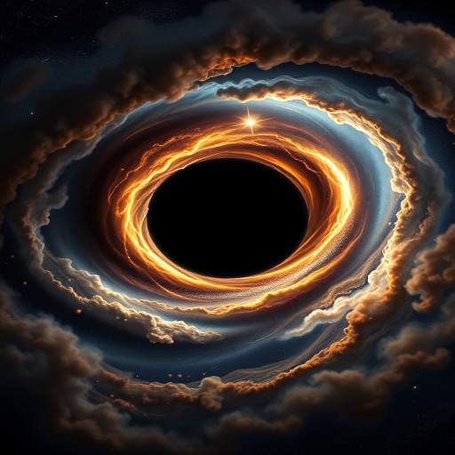 Create a high-resolution image of a black hole surrounded by swirling cosmic gas and dust, using a DSLR camera with a 24mm lens, ISO 100, aperture f/11, shutter speed 1/250s, in a wide-angle view to capture the expansive space environment, utilizing astrophotography techniques to enhance detail and clarity.