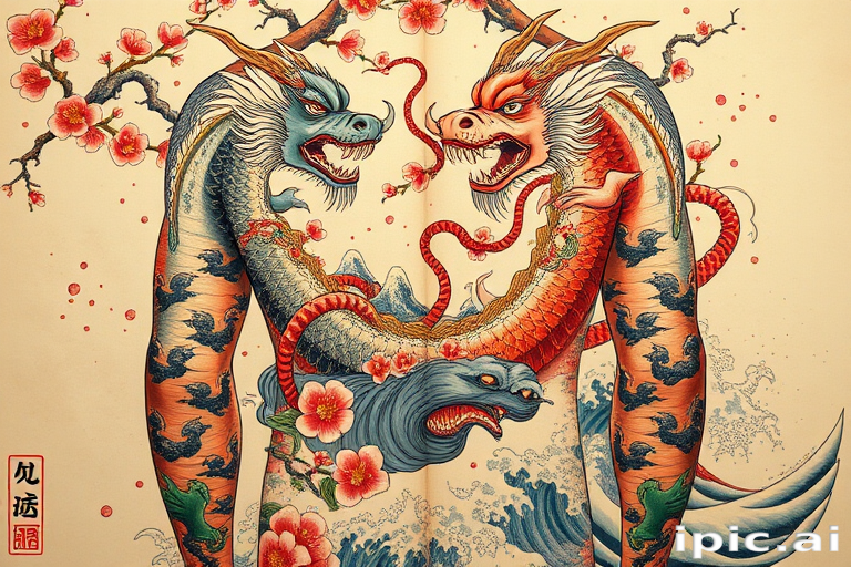 Japanese irezumi tattoo called "Legends of the East" featuring a full-body design of mythical creatures, cherry blossoms, and crashing waves, revered for its traditional symbolism and harmonious composition