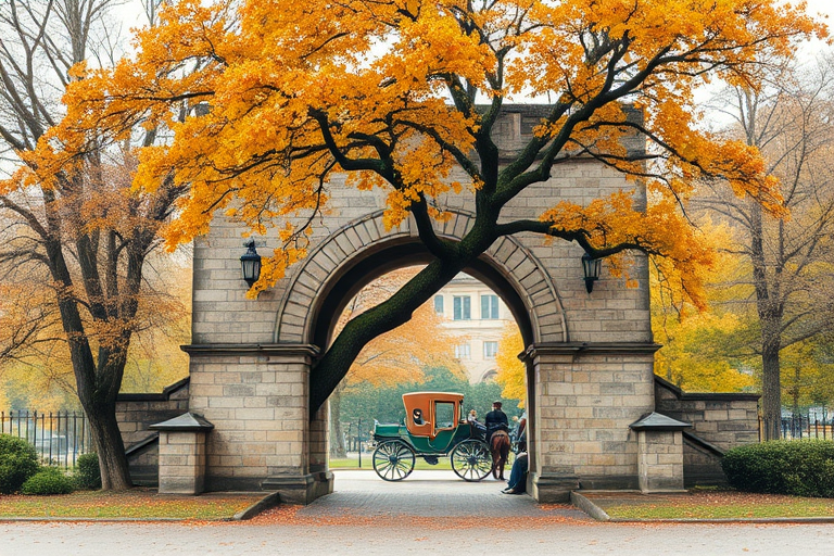 Regenerate a watercolor painting of an old stone archway surrounded by autumn trees, with people sitting under the tree and a horse-drawn carriage in the background, taken with a Canon EOS 5D Mark IV, ISO 100, f/8 aperture, 50mm lens, natural light, soft focus for a serene ambiance.