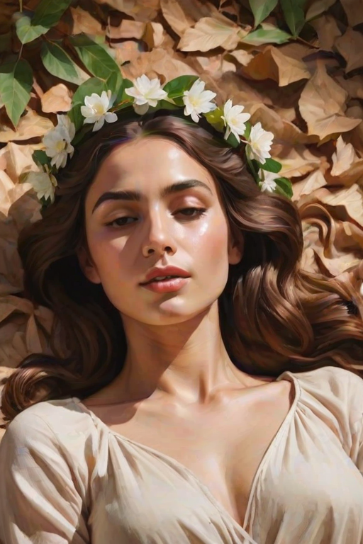 create a watercolor painting of an ethereal portrait of beautiful Sephardic woman with a simple white flower crown on her head. Her hair is long and she is lying on the ground. The sunlight on the trees casts shadows from the leaves on her face and body. The background is a neutral brown color that matches her skin tone. The image is minimalist and solid colors. This style is characterized by soft, delicate brushstrokes and a light, airy, contrasting color palette. High level of detail and play of light