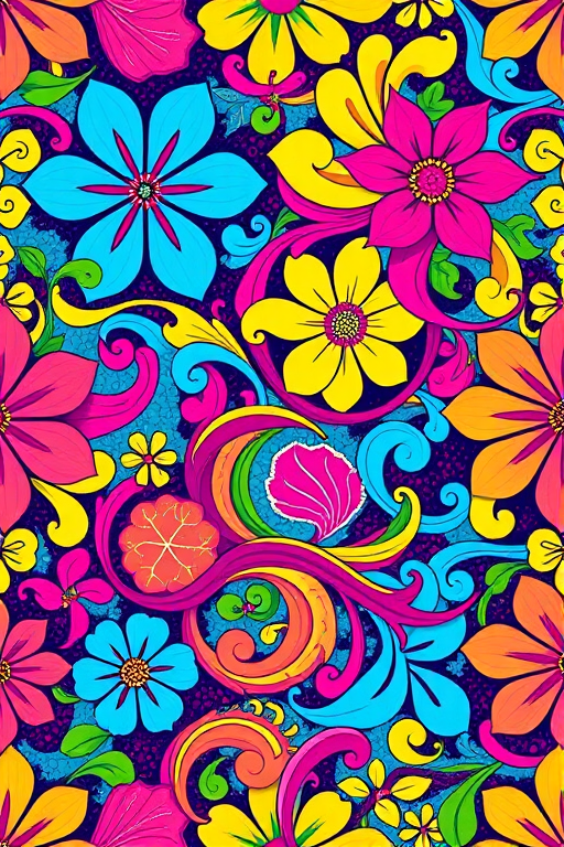 Create a vibrant, colorful abstract pattern featuring intertwined floral and swirl designs in bright colors like pink, blue, yellow, and green, captured with a DSLR camera at f/8 aperture, ISO 100, 24mm lens, and shot from a top-down view with natural lighting to enhance the texture and depth of the colors.