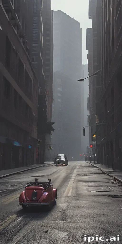 Classic Car Driving Through a Foggy Urban Street in Distant City
