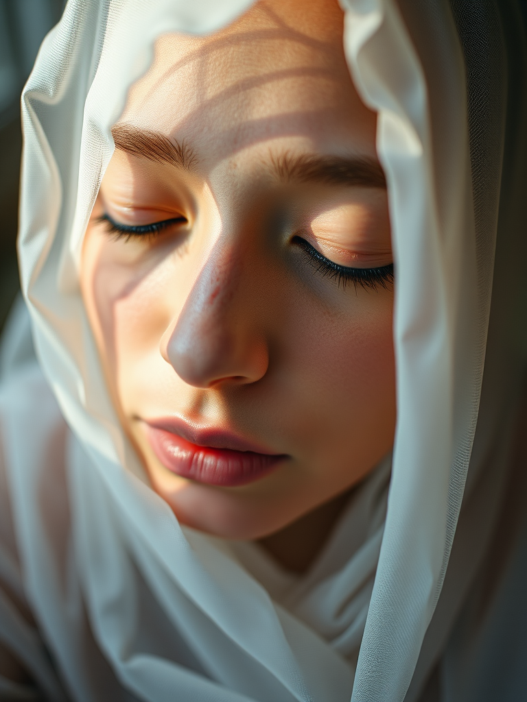 portrait of a person with their eyes closed, draped in a translucent fabric, soft natural lighting, focus on facial features, shallow depth of field, camera settings: f/1.8, ISO 100, shutter speed 1/200s, camera view from eye level, camera style: soft and dreamy, camera type: DSLR