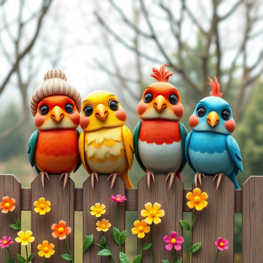 create a scene of 4 quirky  whimsical colourful comical birds each with a funny expression. they are sat on a wooden fence with colourful flowers. they are all different sizes. each one is a different colour  one is wearing a woolly hat. Each one has a different quirky google expression and there is a muted background of trees watercolour paintierly style high definition 8k resolution 3D paper mache