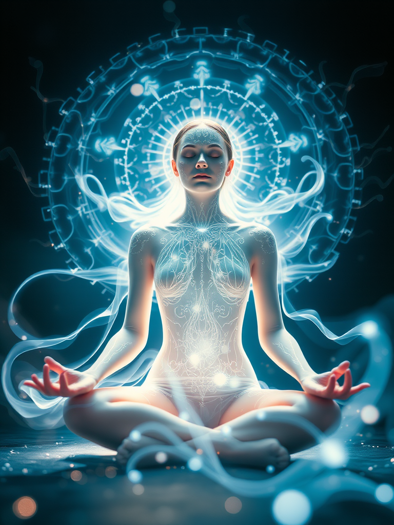 Create an ethereal representation of a luminous figure meditating with flowing patterns of light and energy surrounding her, captured with a DSLR camera at f/1.8, ISO 100, 50mm lens, in a close-up view with soft focus and high dynamic range processing for enhanced detail and vibrancy.