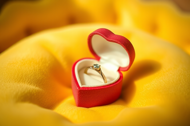 Create a high-resolution image of an open heart-shaped ring box with a silver ring inside on a soft yellow velvet interior, use a Canon EOS R5 with an 85mm lens, aperture f/2.8, ISO 100, natural lighting, and a shallow depth of field for a dreamy effect.