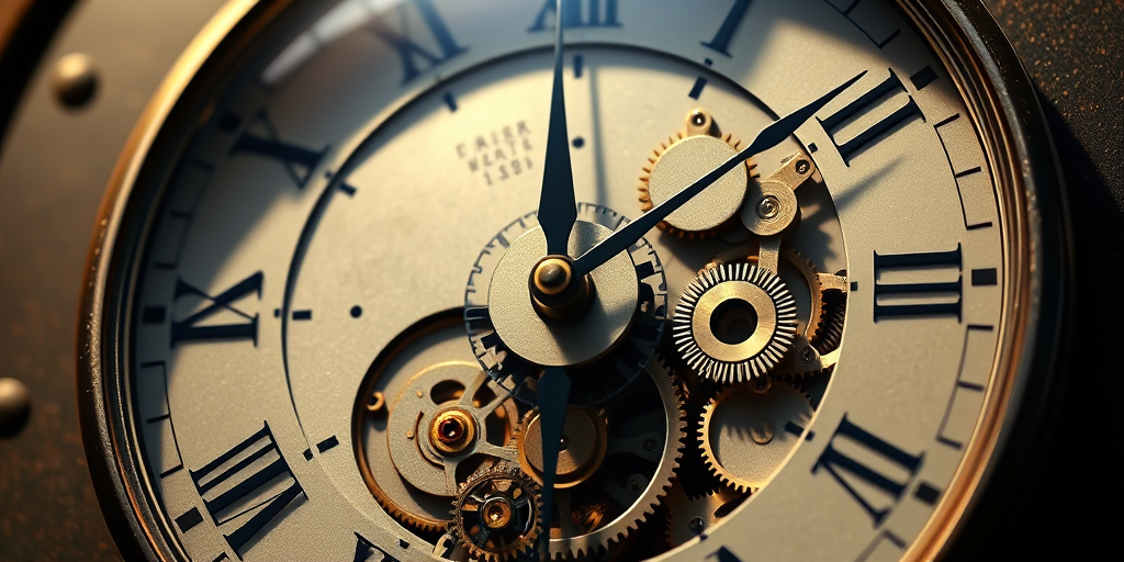 highly detailed illustration of a clock face with visible gears and clock hands, realistic lighting and shadows, 50mm lens, f/2.8 aperture, ISO 100, soft focus background, DSLR camera, top-down view
