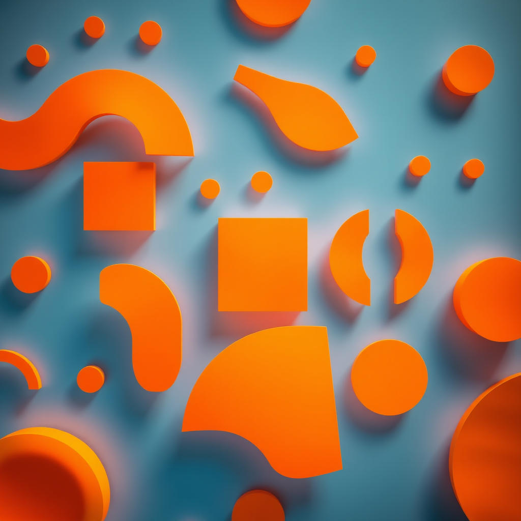 Generate a vibrant and smooth composition of various orange shapes and gradients, shot with a DSLR camera at f/4 aperture, ISO 100, 50mm lens, top-down view, soft natural lighting.