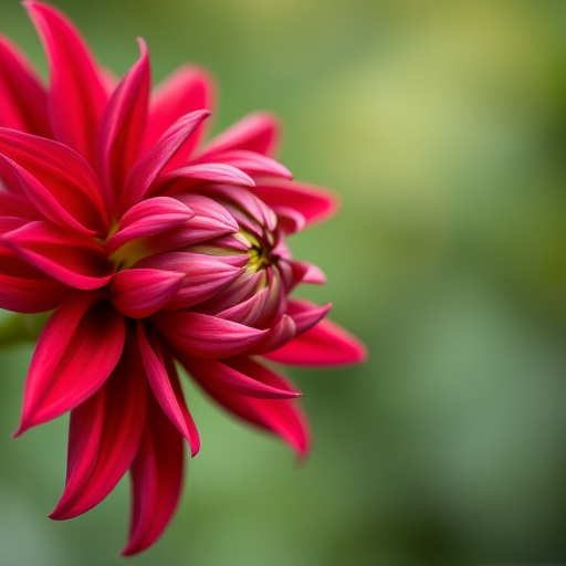 macro shot of a red dahlia flower with intricate petals, soft-focus green background, aperture f/2.8, shutter speed 1/200s, ISO 100, DSLR camera, natural lighting, close-up view