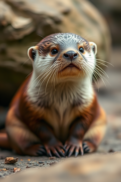 Generate a high-resolution image of a cute otter sitting, with a shallow depth of field, taken from a low angle, using a DSLR camera at f/2.8, ISO 200, and a focal length of 50mm for enhanced detail and clarity.