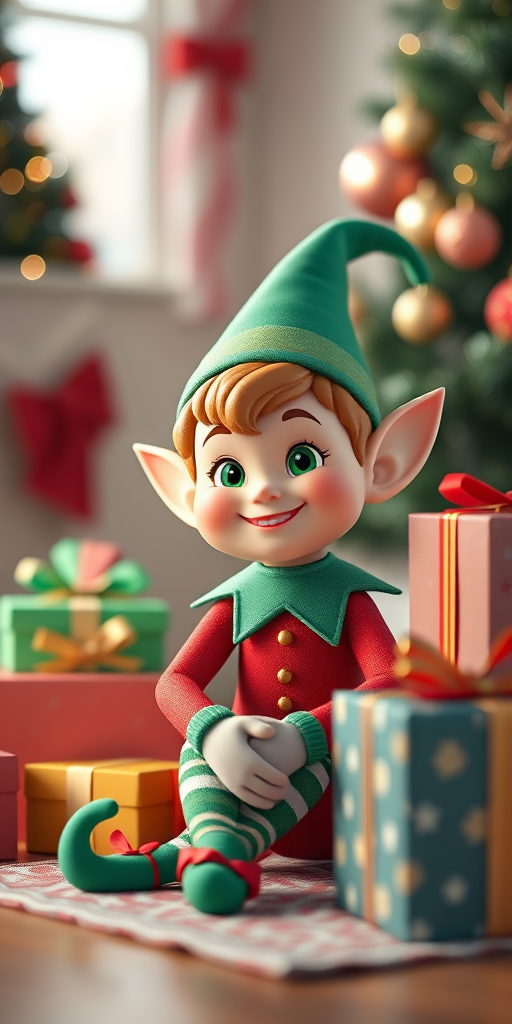 Create a high-quality 3D render of a cheerful cartoon elf sitting next to colorful Christmas presents in a cozy, festive setting with a soft focus background, using a Canon EOS R5 camera with an aperture of f/2.8, ISO 100, and a 35mm lens at eye level for a warm and inviting atmosphere.