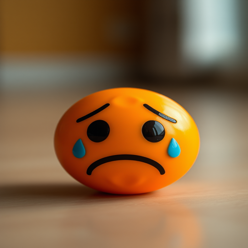 Create a high-resolution image of an orange sad emoticon with teardrops, using a Canon EOS R5 camera, at f/1.8 aperture, ISO 100, 24mm lens, under soft diffused lighting for smooth gradients and vivid colors.