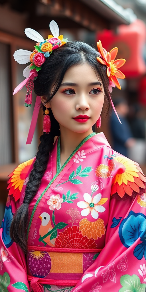 A beautiful Japanese girl, wearing colorful bird clothing with vibrant colors