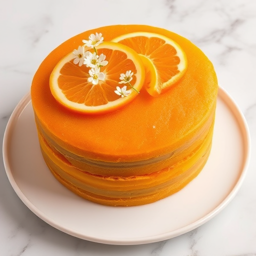 A beautifully decorated orange cake with layers visible inside the cake, topped with fresh orange slices and small white flowers, on a white plate with a marble background.