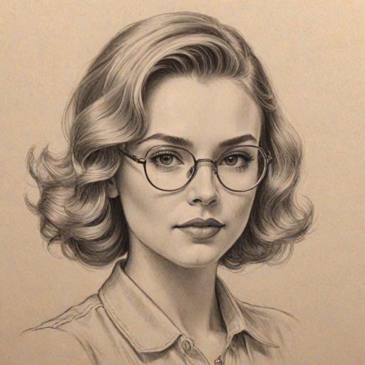 Magnificent Peyton List, pencil sketch, portrait of Exquisite woman 1933s in glasses, hair style beatnik, outline, clear lines, fine lines, 8k