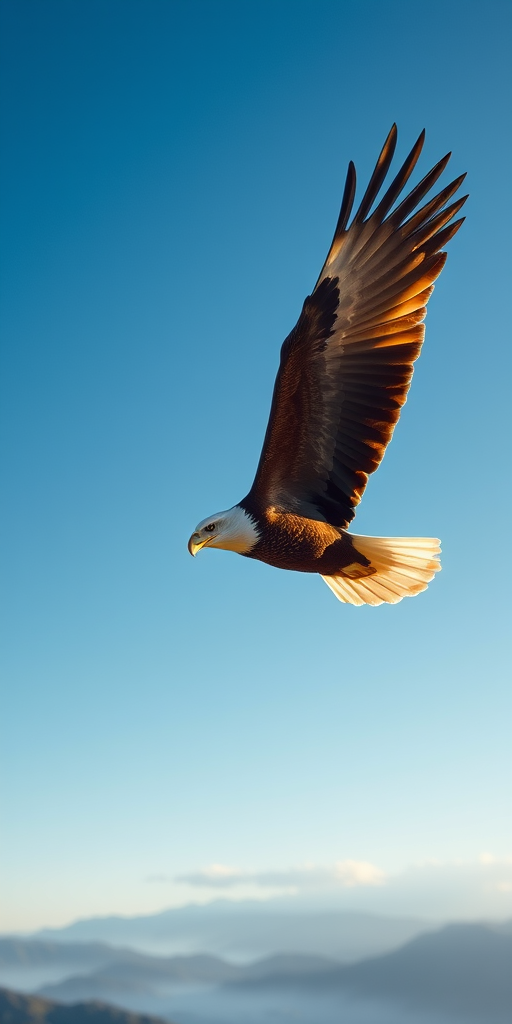 Sharp, detailed photo of a majestic eagle soaring through a clear blue sky, soft sunlight reflecting off its wings, distant mountains visible below, and the feeling of freedom in flight.
