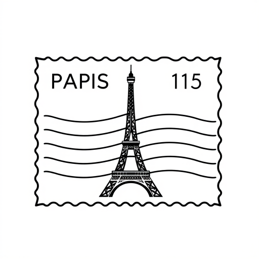 Create a minimalist black and white illustration of a postal stamp featuring the Eiffel Tower, include five wavy lines to represent motion, set in a clean, high-contrast style, captured using a Canon EOS R5 with an aperture of f/2.8, shutter speed of 1/250s, ISO 100, at a focal length of 50mm.