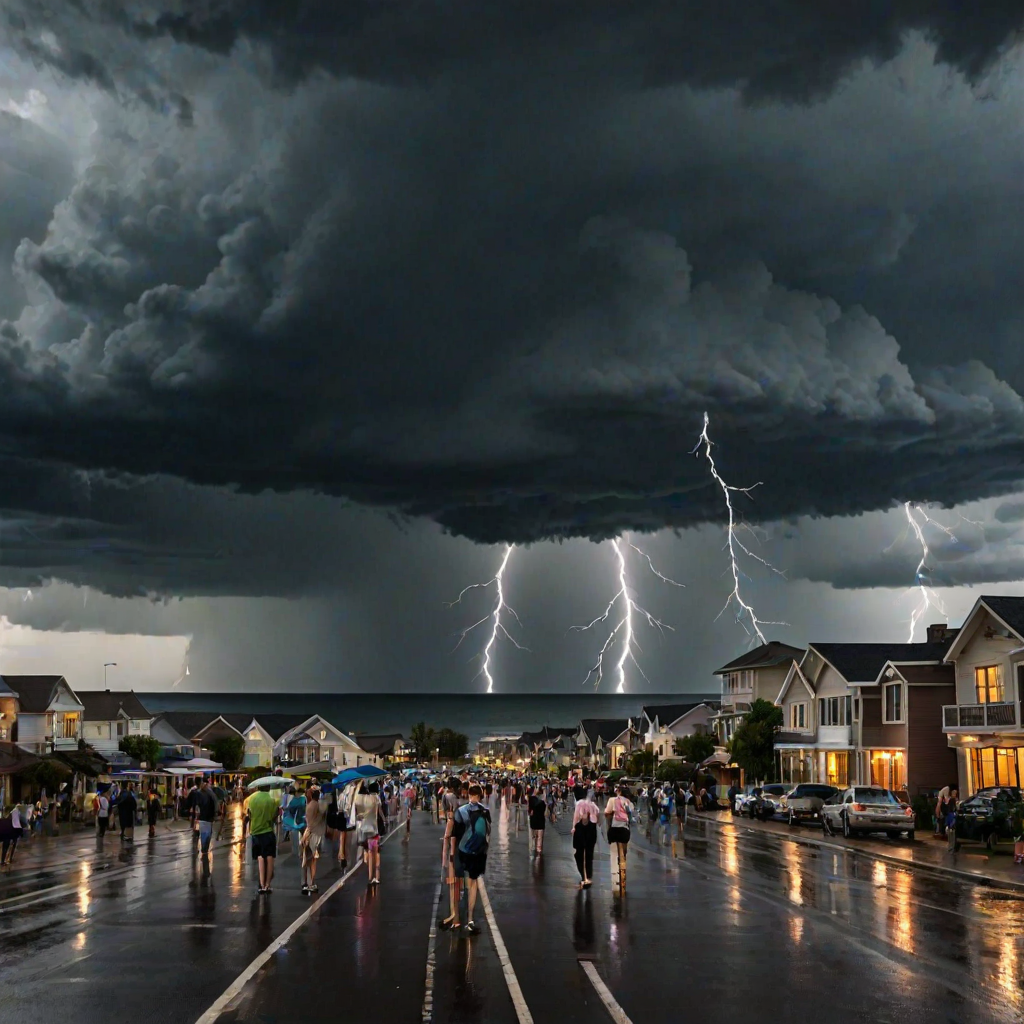 Dramatic thunderstorm over a coastal town, dark clouds rolling in, flashes of lightning illuminating the scene, and people rushing to seek shelter as raindrops begin to fall.