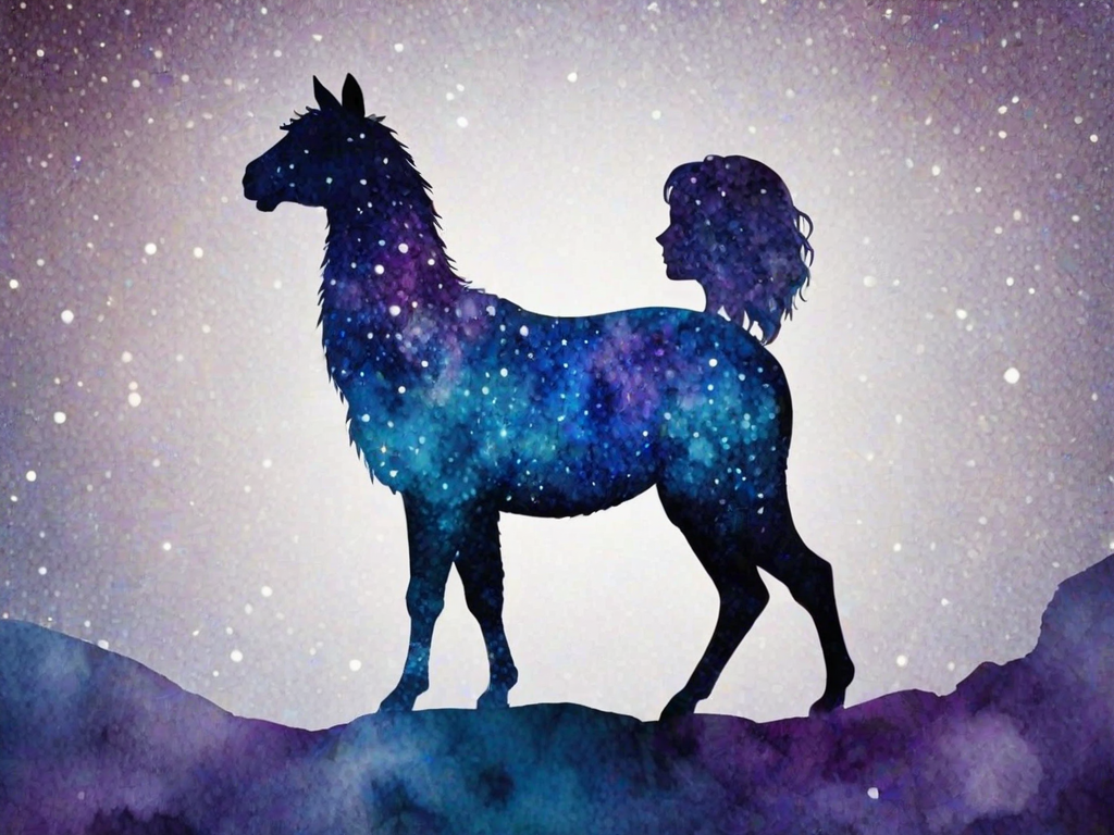 Captivating conceptual render alcohol ink art, double exposure, the paint strokes artfully merge combining a woman's full silhouette with a Adorable alpaca's silhouette. The figures are composed of a series of colored dots, lines & spots that evoke the image of a cosmic galaxy, colors are deep shades of blue purple & black with flashes of white & silver representing distant stars. The woman's silhouette is formed within the lion's silhouette from constellations of scattered stars, surreal