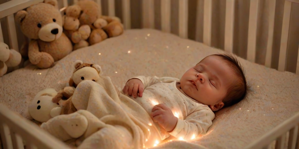 Warm, softly lit image of a newborn baby sleeping peacefully in a crib, soft glow from a nightlight illuminating the delicate features, with plush toys scattered nearby.