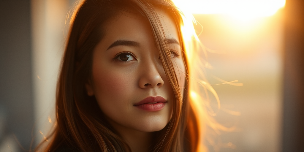 portrait of a woman with soft lighting, natural tones, shallow depth of field, 50mm lens, f/1.8 aperture, ISO 200, golden hour, captured with a full-frame DSLR