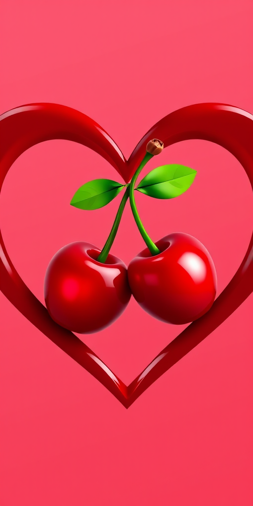 Create a high-resolution illustration of a stylized heart intertwined with two cherries at the center, using a DSLR camera with a 50mm lens, aperture set to f/2.8 for a shallow depth of field, taken from an eye-level view to emphasize the details, with soft, diffused lighting to enhance the colors and give a glossy finish.