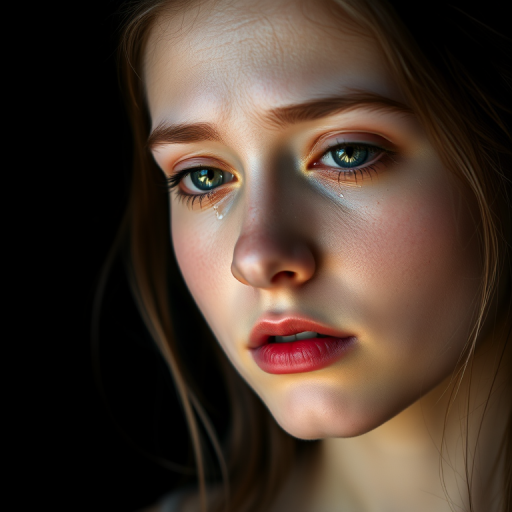 Portrait of a young woman with tears streaming down her face, captured in dramatic lighting against a black background, using a Canon EOS R5, 85mm lens, aperture f/1.4, ISO 100, shutter speed 1/125s, soft focus style.