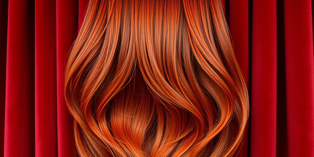 Fiery red velvet curtain bangs framing a long layered cut with subtle copper highlights, creating dimension and movement reminiscent of flickering flames