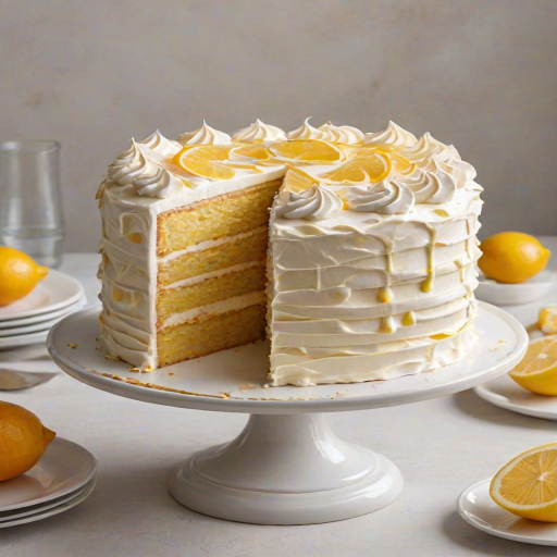 Create an image of a layered cake with a smooth lemon topping. The cake should have thin layers, be beautifully decorated with swirls of meringue on top, and feature slices of orange for garnish. Show a piece of the cake cut out to reveal the layers inside. Use a light, neutral background to emphasize the cake's colors and textures.