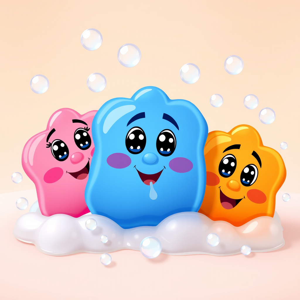 Create a vibrant illustration of three cartoon soaps with facial expressions, one pink, one blue, and one orange, surrounded by bubbles, in a soft pastel background, shot with a DSLR camera at f/5.6, ISO 200, 35mm focal length, with a slight overhead angle and a bright, even lighting setup.