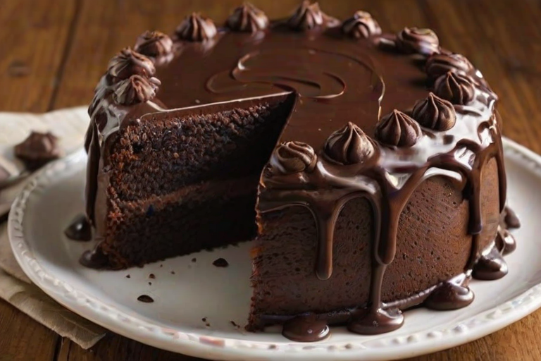 Create an image of a rich chocolate cake with smooth chocolate frosting. The cake should have decorative swirls on top and chocolate ganache dripping down the sides. Place the cake on a rustic wooden table with chocolate chips scattered around and a small bowl of chocolate chips nearby.